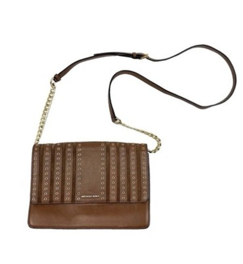 MICHAEL KORS BROOKLYN GROMMET CROSSBODY SUEDE LEATHER BAG DARK CARAMEL